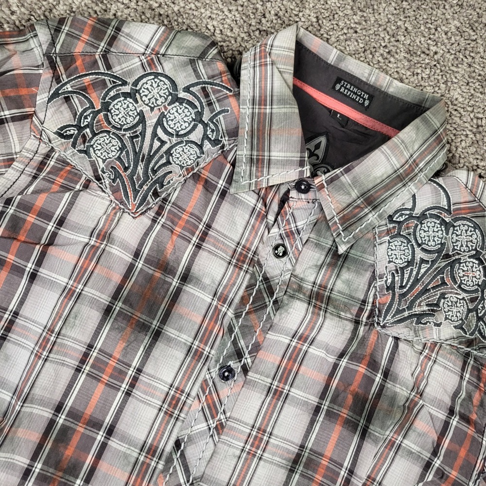 Roar Button Down Mens Large Grey Orange Excellent Tribal Embroidered Plaid Shirt